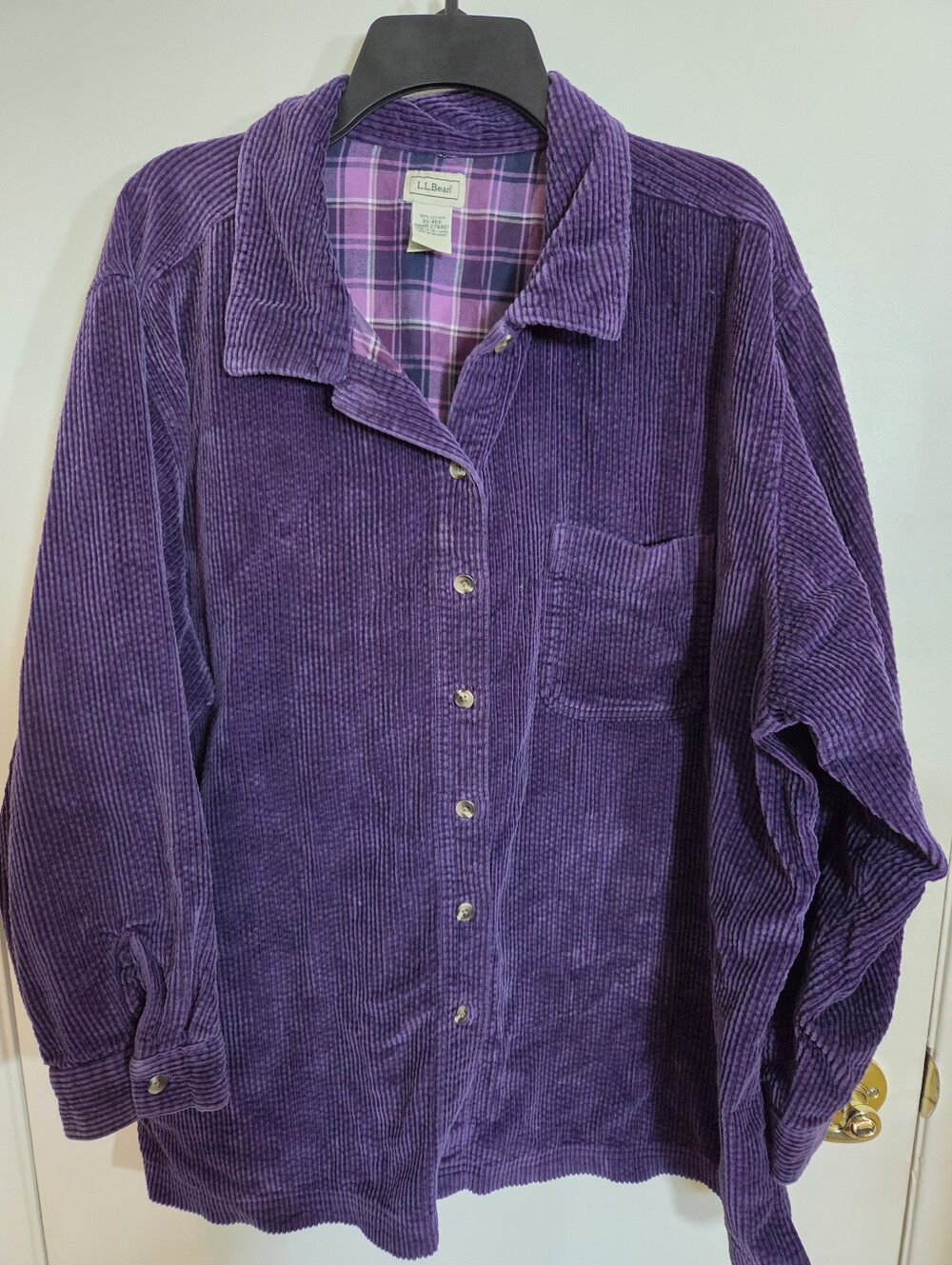 Vtg LL Bean Corduroy Shacket Womens 3XL Purple Chore Barn Plaid Flannel Lined